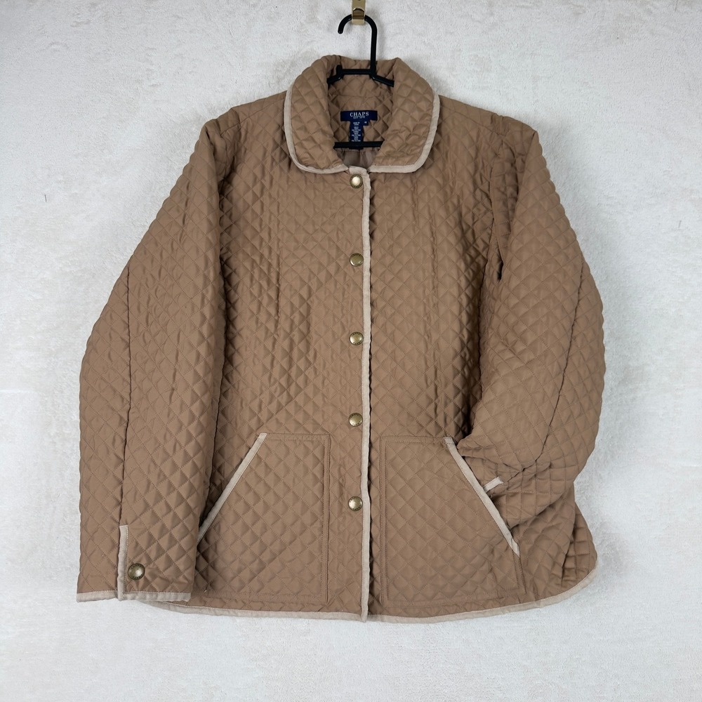CHAPS Womens Quilted Jacket 1X Tan Beige Button Front Lined Outerwear Minimalist
